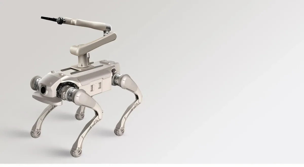 An AGIBOT D1 quadruped robot on a plain white background, three-quarter view.