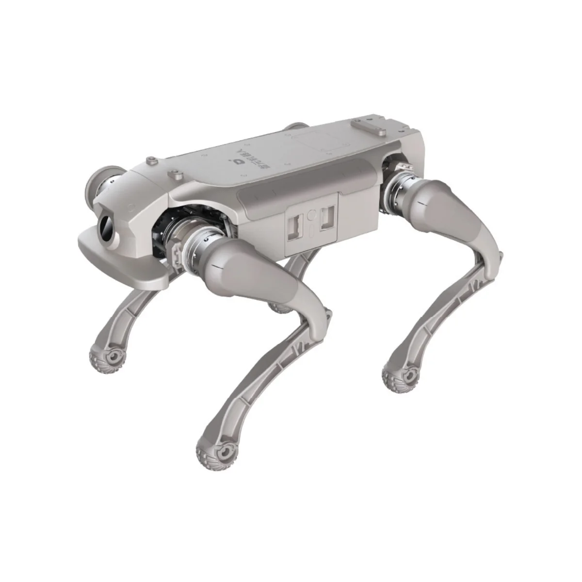 The AGIBOT D1 Ultra quadruped robot standing with its legs braced apart, three-quarter view, its silver body carrying a sensor module on top.