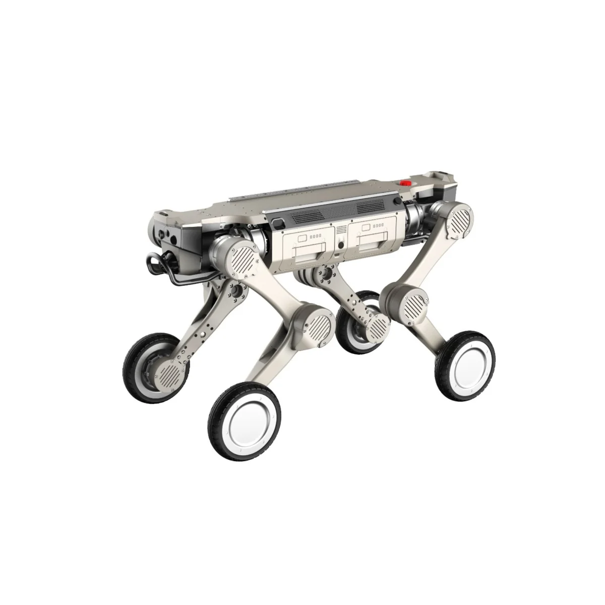 The AGIBOT D1 Max wheel-legged quadruped robot seen from the front, its four legs splayed wide and a wheel mounted at the end of each one.